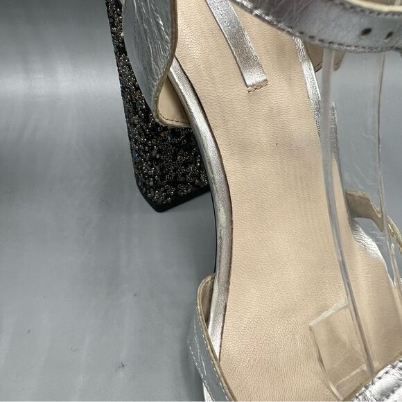 Zara Leather Silver Beaded Block Heels - Picture 5 of 9
